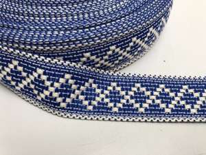 Jacquardvævet bånd - inka mønster i flot blå, 30 mm
